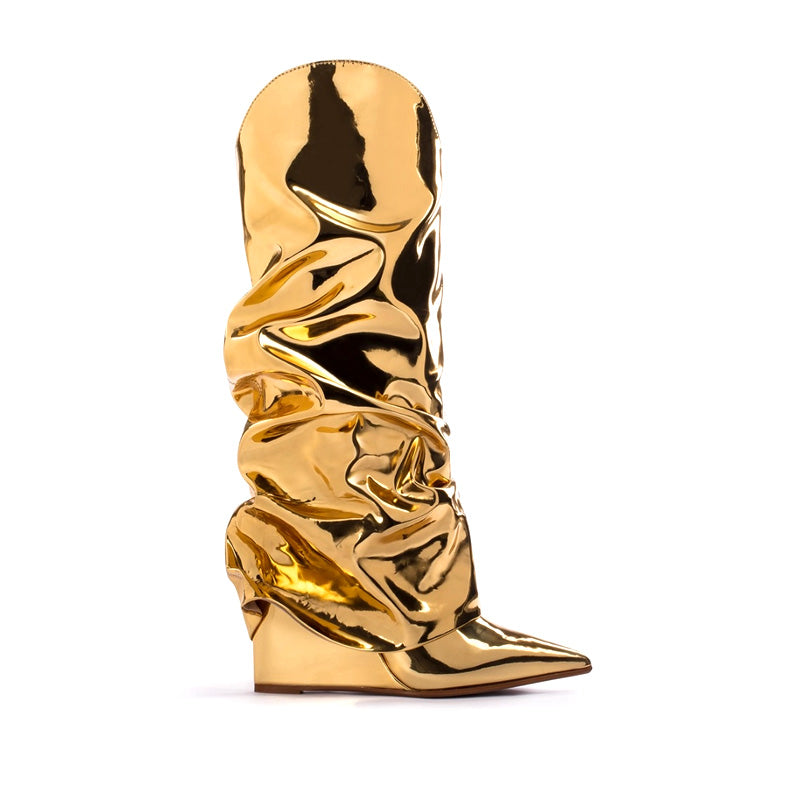 2025 New Brand Ladies Beautiful Gold Metallic Leather Wedge Boots Handmade Genuine Leather Lining for Winter Autumn Spring