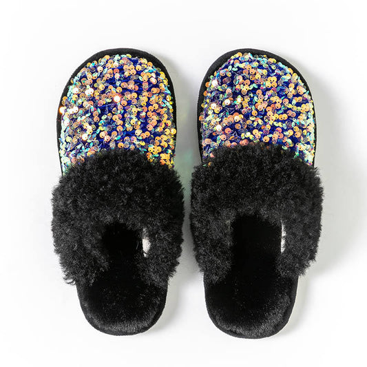 2025 Factory Design Ladies' Sequin Fashion Plush Slippers Winter Warm Indoor Cotton Slippers Women Evergreen Fabric