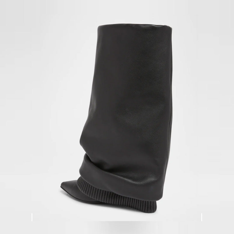 2025 Women's Midi Boots Soft Black Genuine Leather Sexy Pointed Toe Comfortable Zip Closure Slip-On for Autumn Winter