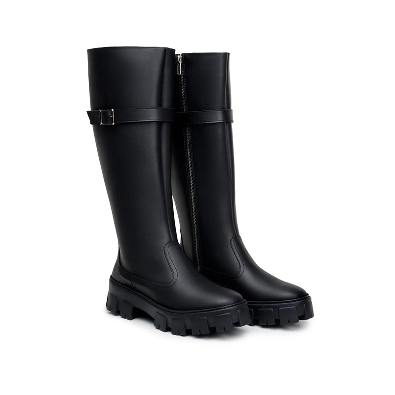 Women's Winter Zipper up Vegan Leather Knee High Boots with Chunky Sole Anti-Slip Flats and Round Design