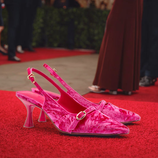 Women's Designer Pink Velvet Heels Pumps Custom Soft Genuine Leather Low Heel Dress Shoes with Light Feature D'orsay Style