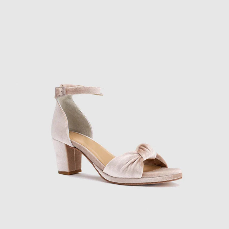 Women's Champagne Velvet High-Heeled Lace Sandals Open Toe Bowknot Elegant Low Chunky Heel Sandals