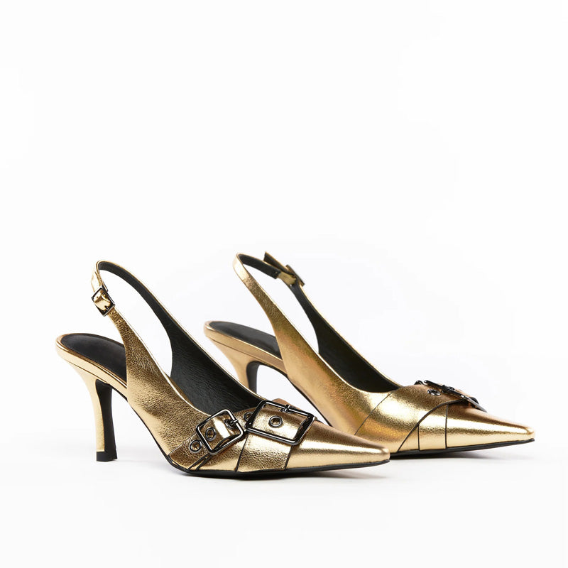 Hot Girl Sexy Heels Pumps Gold Patent Leather Slingback Shoes Dress Shoes Wedding Winter Korean Genuine Leather Rubber PU