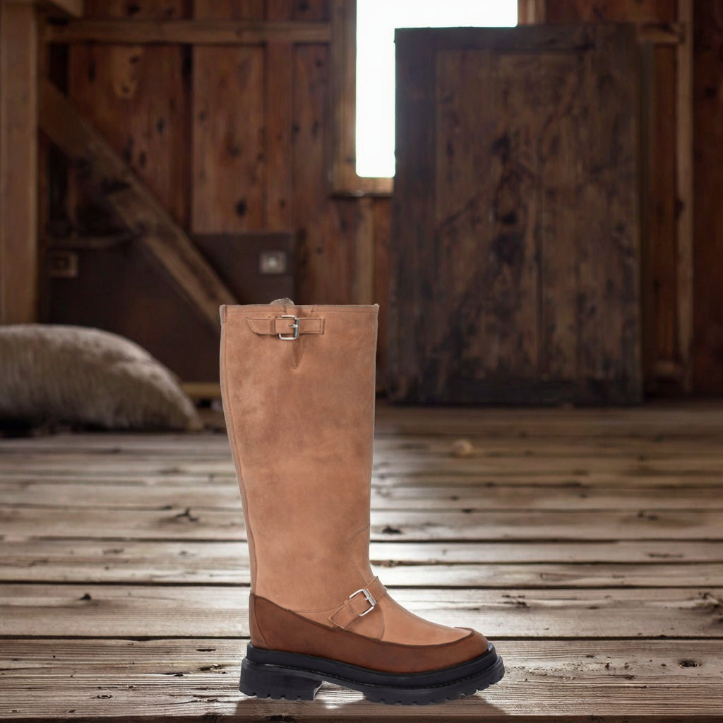 Women's Elegant Midi Winter Warm Boots Suede Leather Flock with Belt Buckle Zipper Round Toe Western Style Flat Design