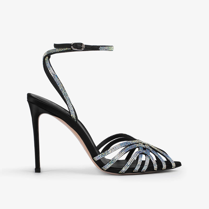 2025 Women High Heels Ankle Strap Party Shoes Durable Closed Toe Hollow Lady Satin Wedding Heeled Sandals With Crystals