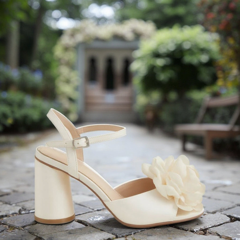 2025 Women's Beige Wedding and Party Ankle Strap Pumps with 7CM Medium Heels Floral Bridal Shoes with Bridal Gloves