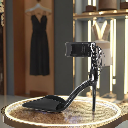 Luxury High Heel Stiletto Patent Ballerina Shoes Ankle Strap with Chain & Point Toe Genuine Leather Lining Pencil Heel Shoes