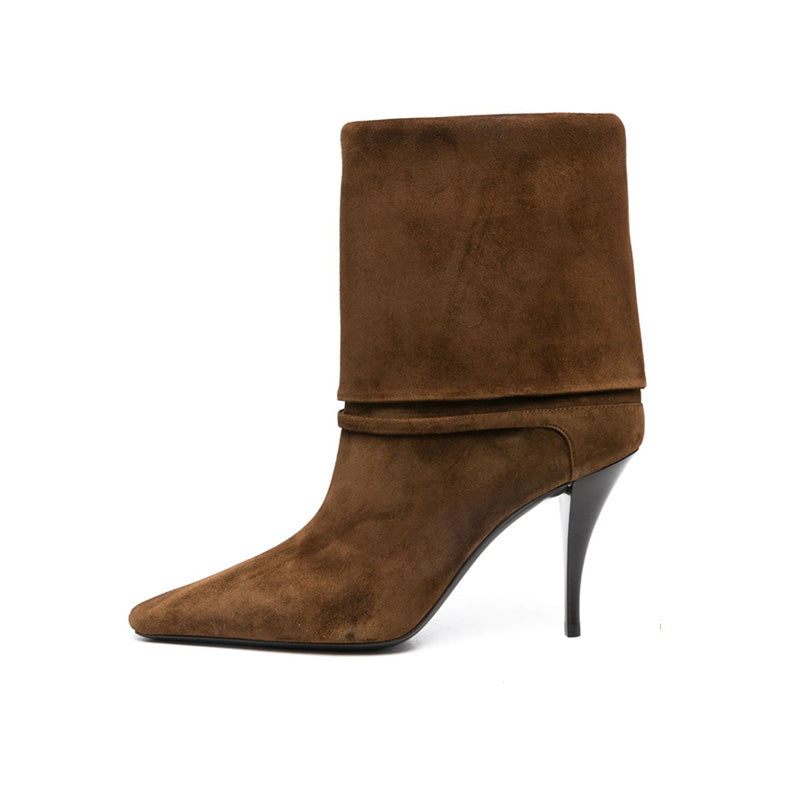 2025 Women's Simple Stiletto High Heel Boots Kitten Heel Office Midi Boots with Pointed Toe Autumn Western Suede Winter