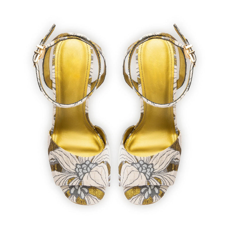 Gold Floral Ankle Straps Wedge Sandals for Mature Women Luxury Open Toe Platform Design Outdoor Walking Shoes