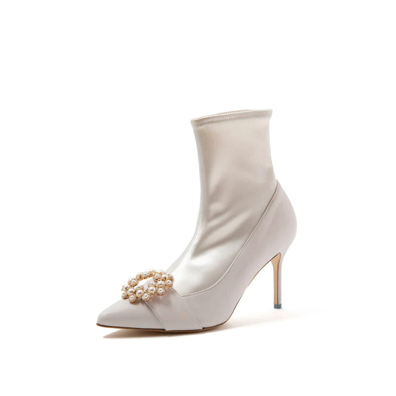 2025 Winter Fashion Explosive Midi Pumps Boots Pointed Toe Upper Metallic Decoration Luxury Midi Boots Heels