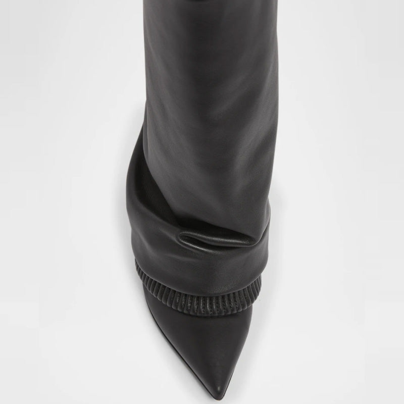 2025 Women's Midi Boots Soft Black Genuine Leather Sexy Pointed Toe Comfortable Zip Closure Slip-On for Autumn Winter