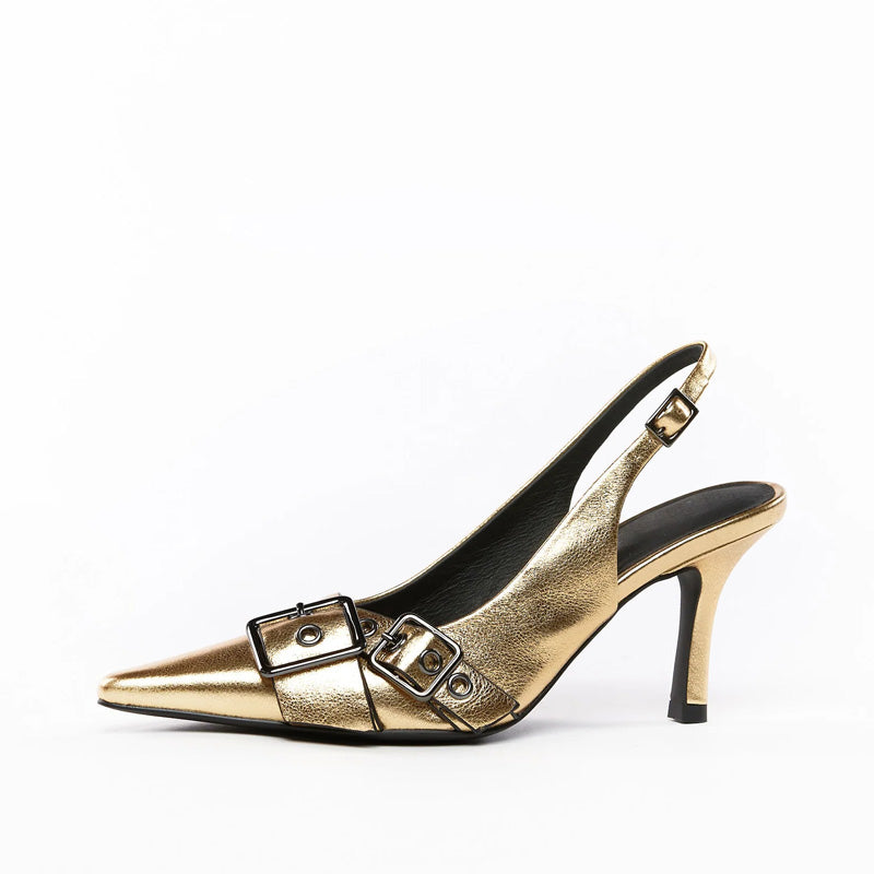 Hot Girl Sexy Heels Pumps Gold Patent Leather Slingback Shoes Dress Shoes Wedding Winter Korean Genuine Leather Rubber PU