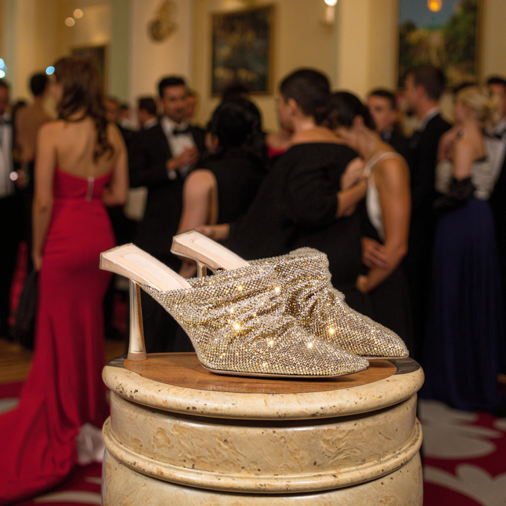 2025 Bling Bling Gold Rhinestone Upper Heels Lady's Evening Party Luxury Stiletto Heel Slippers Sandals Pumps