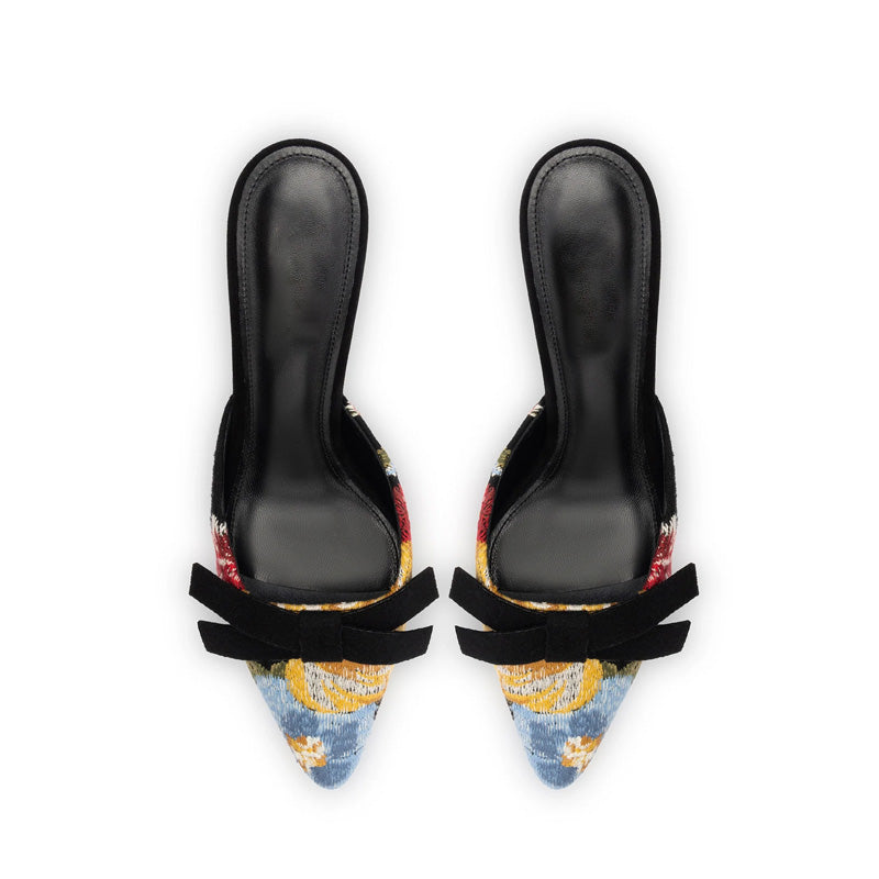 Elegant Women Mule Heels 2025 New Design Custom Textured Wool Floral Embroidery Low Heel Pumps Fashion Trend