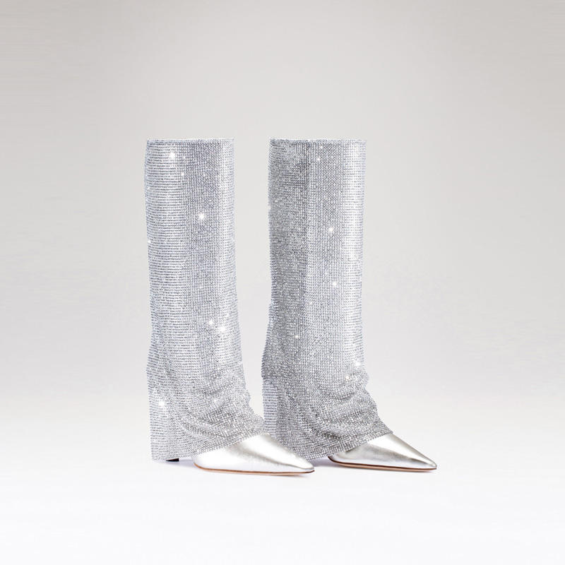 2025 Women's Luxury Silver Bright Rhinestone High-Heeled Long Boots Knee High Catwalk Nightclub Western Printed