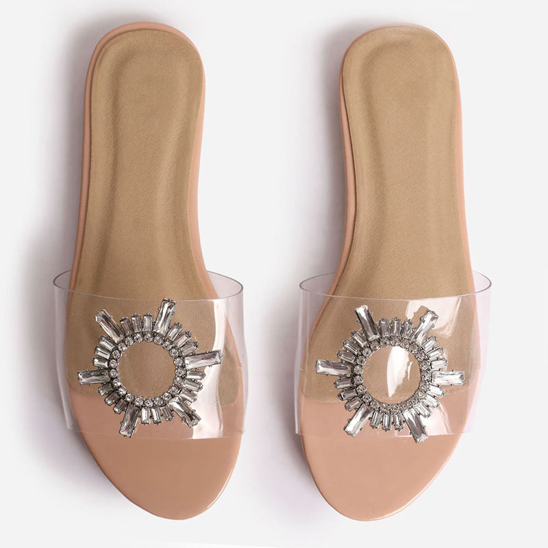 Women Open Toe Transparent Clear PVC Casual Flat Slide Crystal Slippers Women Shoe Manufacturer Custom Flat Sandals