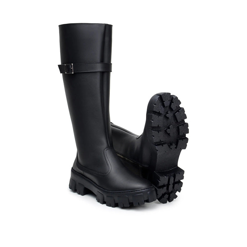 Women's Winter Zipper up Vegan Leather Knee High Boots with Chunky Sole Anti-Slip Flats and Round Design