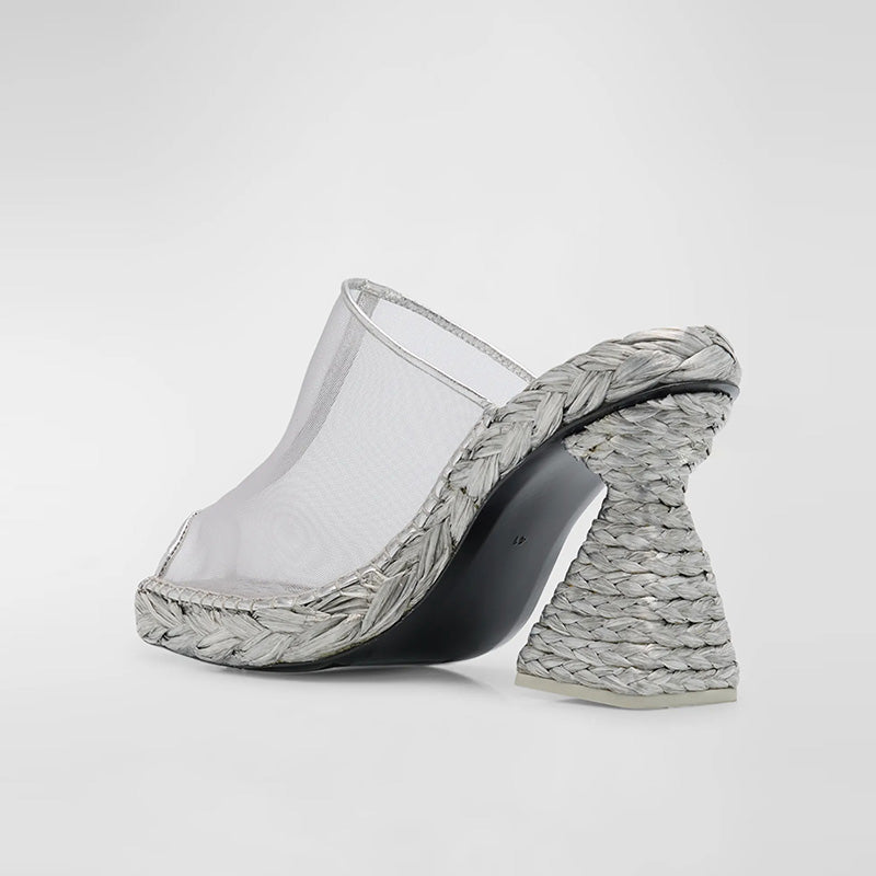 High Heel Espadrille Shoes Women Open Toe Barefoot Pumps Transparent PVC Upper Woven Block Heel Breathable Leather PU