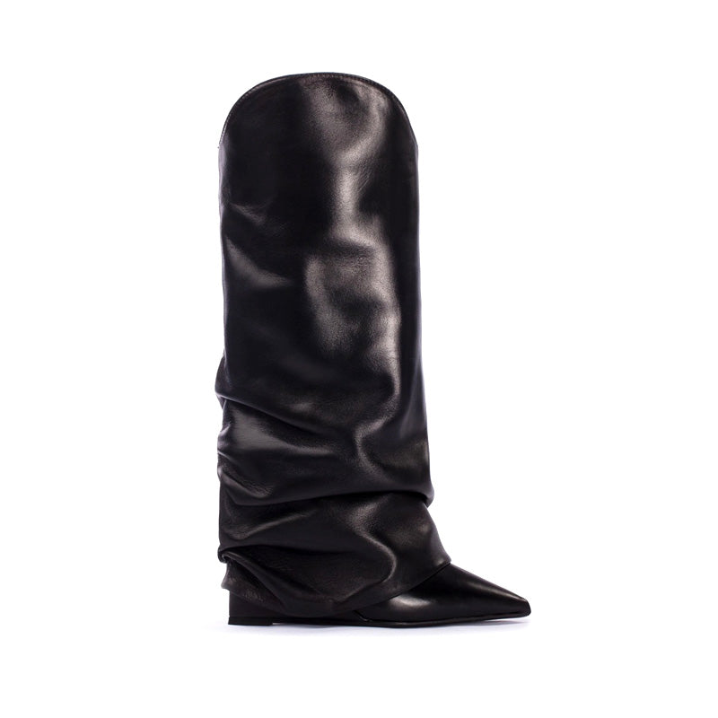 2025 New Brand Ladies Beautiful Gold Metallic Leather Wedge Boots Handmade Genuine Leather Lining for Winter Autumn Spring