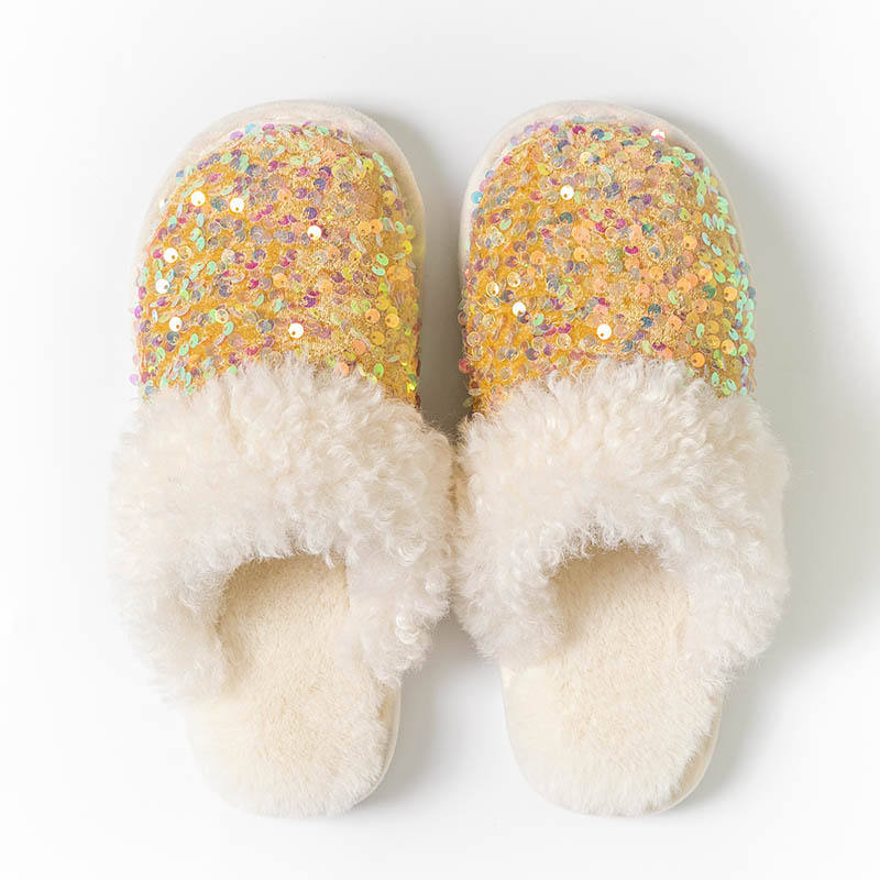 2025 Factory Design Ladies' Sequin Fashion Plush Slippers Winter Warm Indoor Cotton Slippers Women Evergreen Fabric