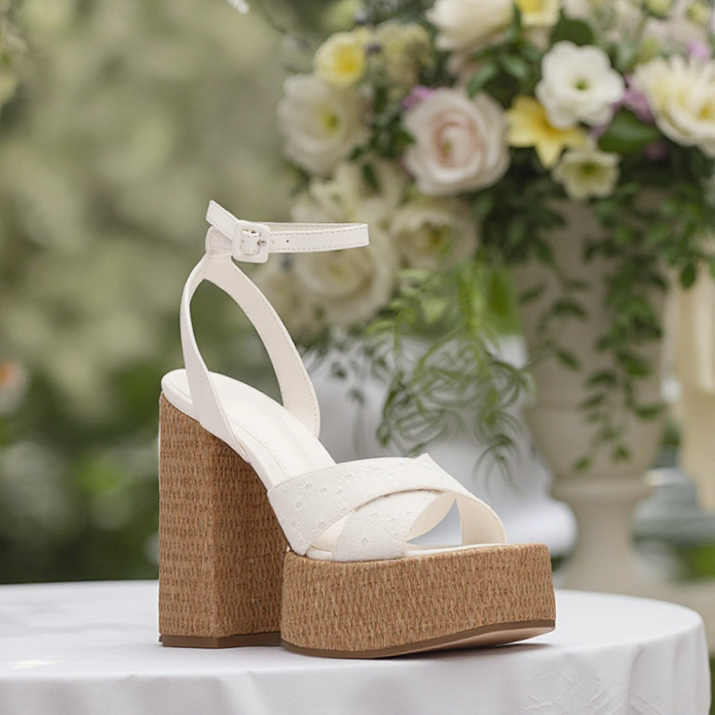 Trendy Women Wedges Bridal Chunky Heel Sandals Elegant Open Toe Lace-Up Wedge Platform Wedding Heels Shoes