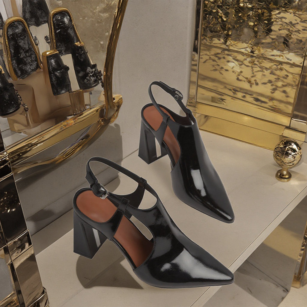 Patent Leather Pumps Manufacturer Sexy Women Pointed Toe Patent Leather Slingback Heels Pumps Custom Square Heel Pumps