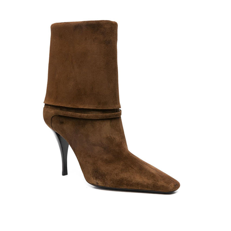 2025 Women's Simple Stiletto High Heel Boots Kitten Heel Office Midi Boots with Pointed Toe Autumn Western Suede Winter