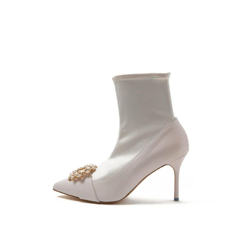 2025 Winter Fashion Explosive Midi Pumps Boots Pointed Toe Upper Metallic Decoration Luxury Midi Boots Heels
