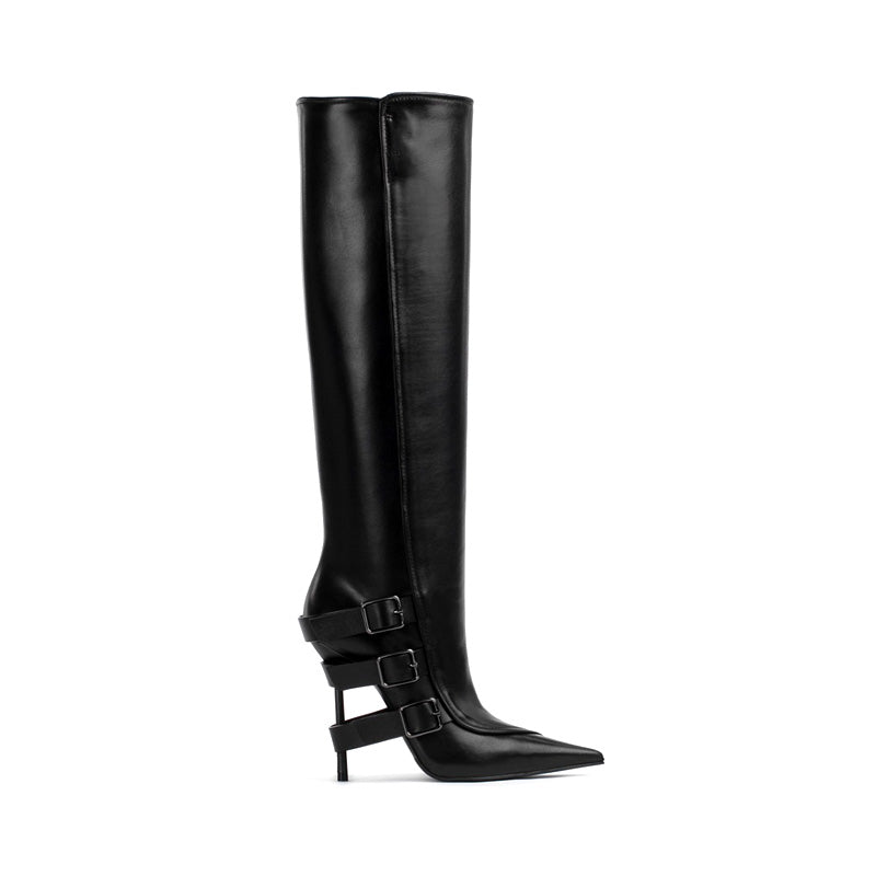 Women's Knee-High Tube Boots Pointed Toe High Heel Solid PU Autumn Winter Combat Slip-On Closure Long Rubber Tube Design