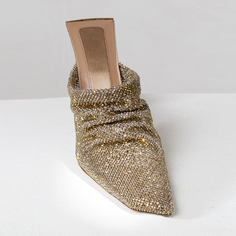 2025 Bling Bling Gold Rhinestone Upper Heels Lady's Evening Party Luxury Stiletto Heel Slippers Sandals Pumps