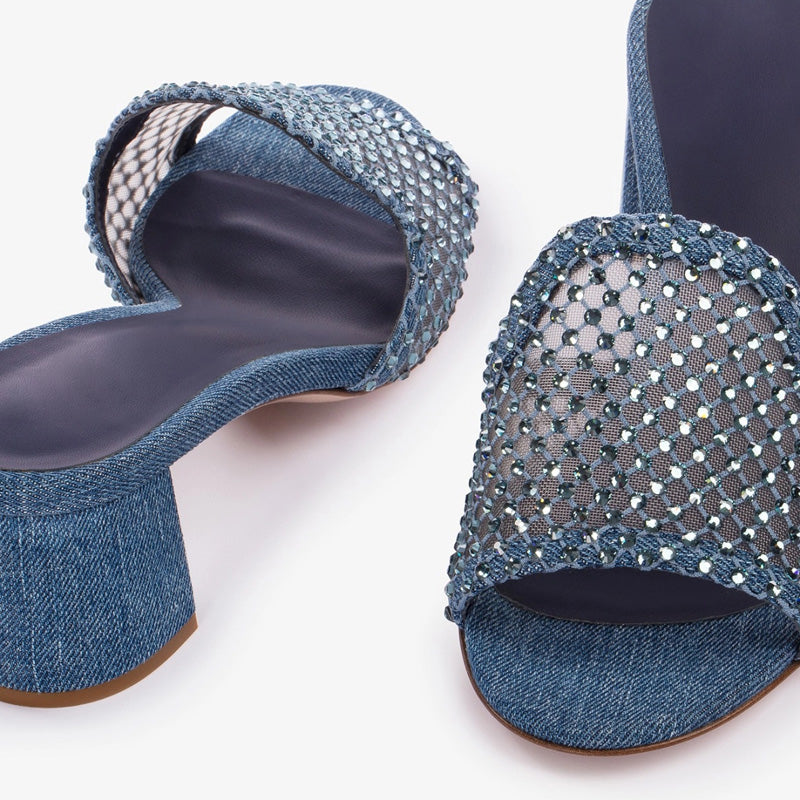 High Quality Women's Crystal Fishnet Denim Mule Sandals Pointed Toe Slingbacks Rubber Casual Block Heel Slides Customizable