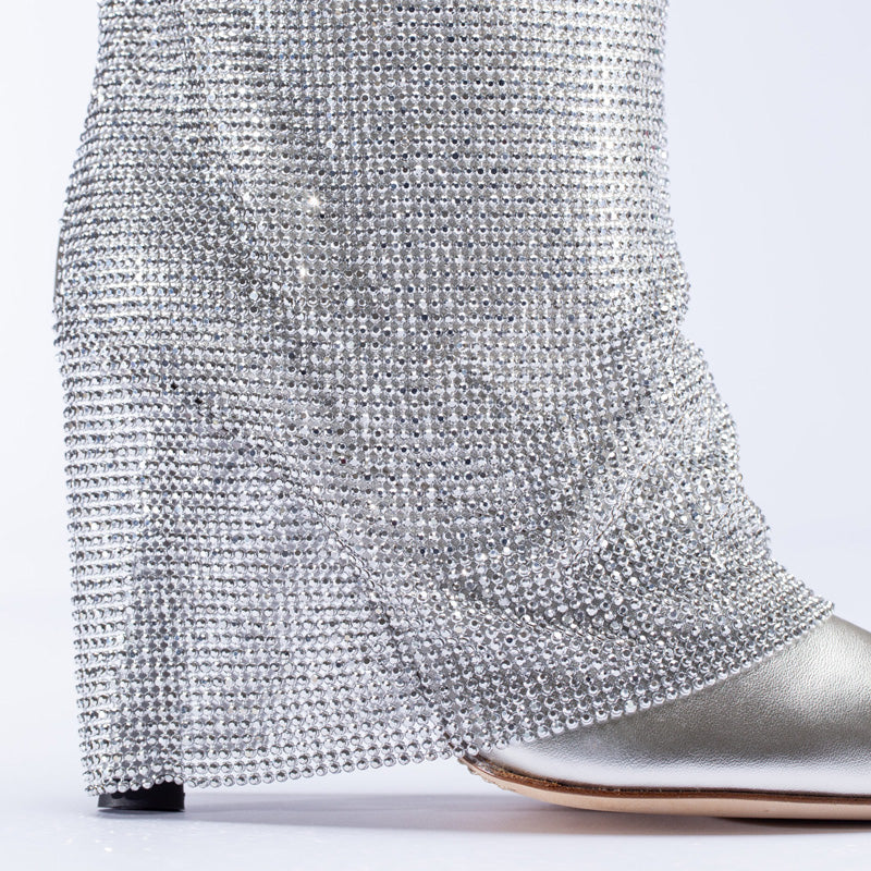 2025 Women's Luxury Silver Bright Rhinestone High-Heeled Long Boots Knee High Catwalk Nightclub Western Printed