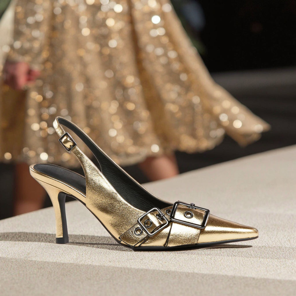 Hot Girl Sexy Heels Pumps Gold Patent Leather Slingback Shoes Dress Shoes Wedding Winter Korean Genuine Leather Rubber PU