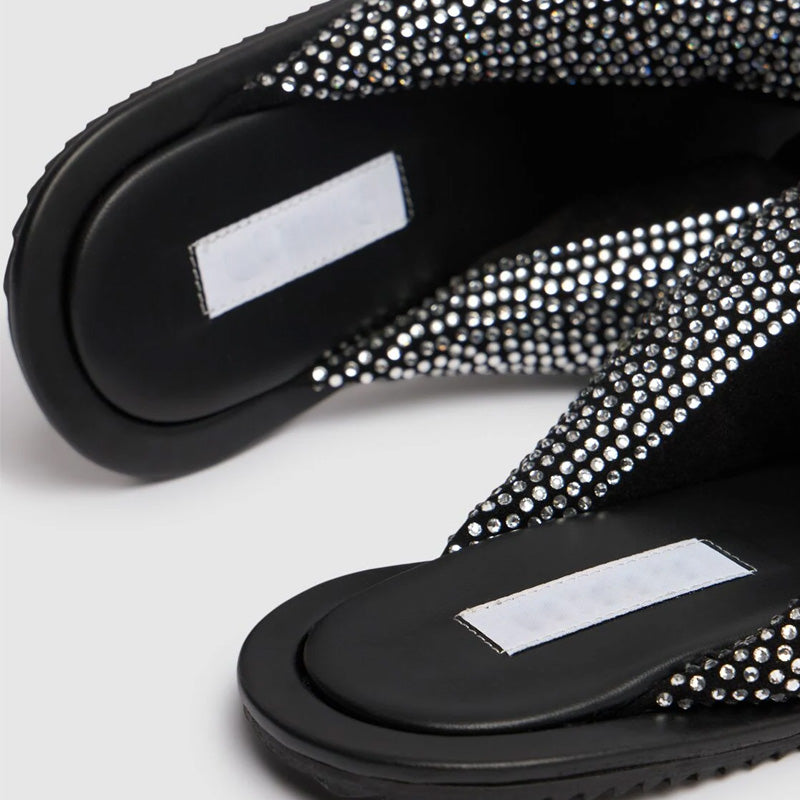 Women's Flip-Flops Sandals with Black Flat Heels Gold Rivet PU Insole Round Toe Printed Slippers for Beach or Summer