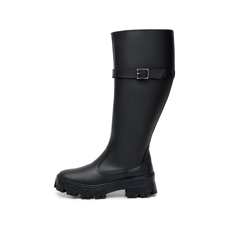 Women's Winter Zipper up Vegan Leather Knee High Boots with Chunky Sole Anti-Slip Flats and Round Design