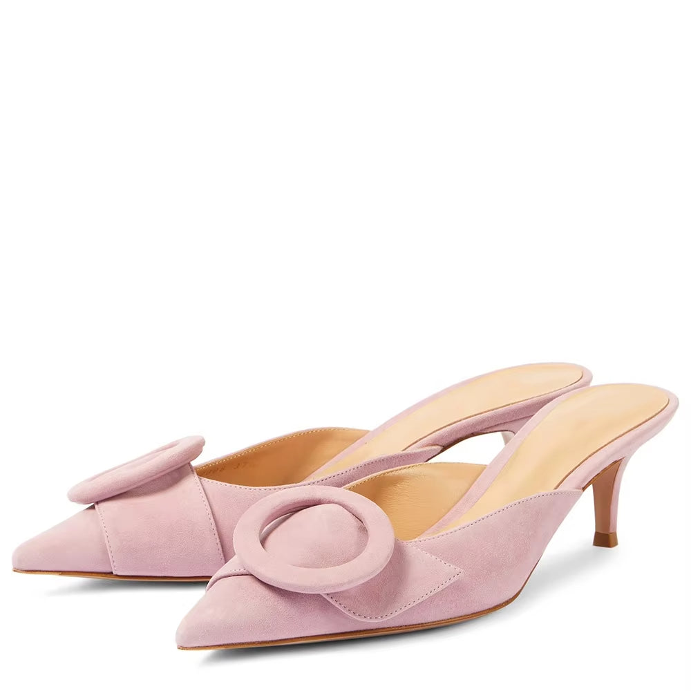 Women's Super Buckle Kitten Heel Mules Sky Blue Suede Closed Pointed Toe Slippers Light Weight Canvas Spring Autumn