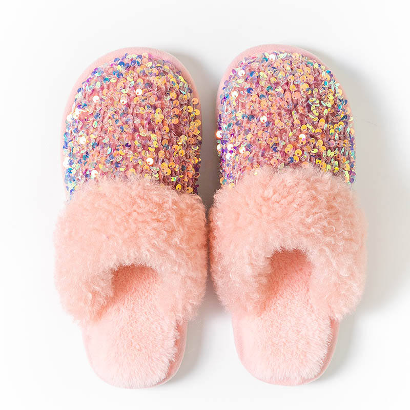 2025 Factory Design Ladies' Sequin Fashion Plush Slippers Winter Warm Indoor Cotton Slippers Women Evergreen Fabric