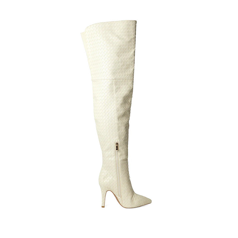 Women's White Woven Thigh High Boots New Style Zipper Winter Long Boots with Thin Low Heel for Autumn