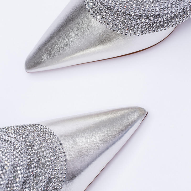 2025 Women's Luxury Silver Bright Rhinestone High-Heeled Long Boots Knee High Catwalk Nightclub Western Printed