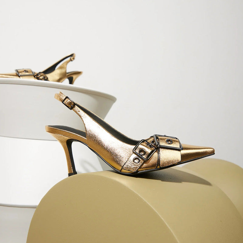 Hot Girl Sexy Heels Pumps Gold Patent Leather Slingback Shoes Dress Shoes Wedding Winter Korean Genuine Leather Rubber PU