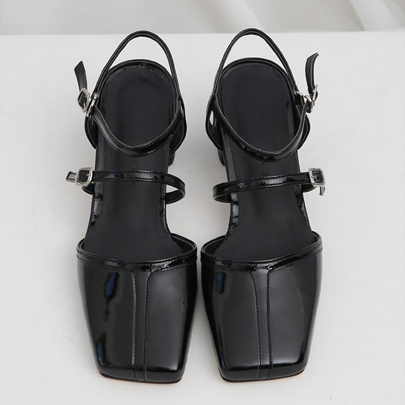 Women's Genuine Leather Pumps Square Toe Block Heel Buckle Strap Mary Jane Ankle Shoes Office Lace High Fashionable