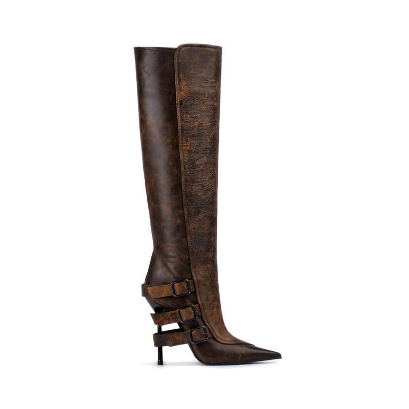 Women's Knee-High Tube Boots Pointed Toe High Heel Solid PU Autumn Winter Combat Slip-On Closure Long Rubber Tube Design