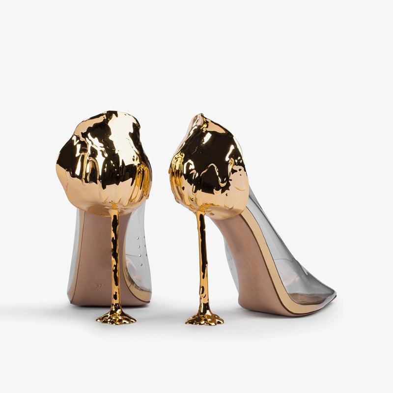 Women PVC Heels Pumps Pointed Toe Transparent PVC Upper Metallic Gold Heel Shoes Luxury Party Wedding Pumps for Summer