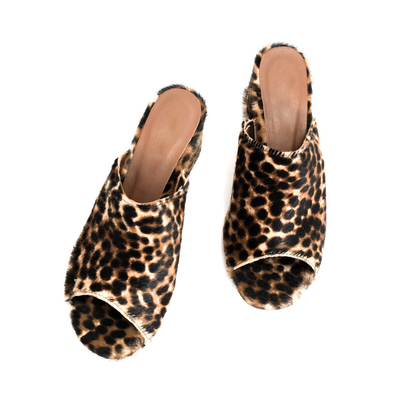 Fur Mules Manufacturer Fashion Lamb Hair Leopard Block Heel Sandals Custom Open Toe Leopard Fur High Heel Mule Sandals