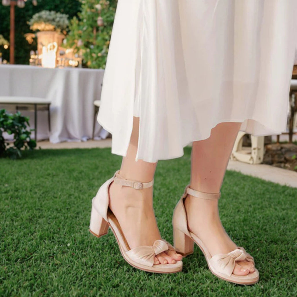 Women's Champagne Velvet High-Heeled Lace Sandals Open Toe Bowknot Elegant Low Chunky Heel Sandals