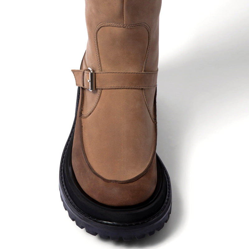 Women's Elegant Midi Winter Warm Boots Suede Leather Flock with Belt Buckle Zipper Round Toe Western Style Flat Design