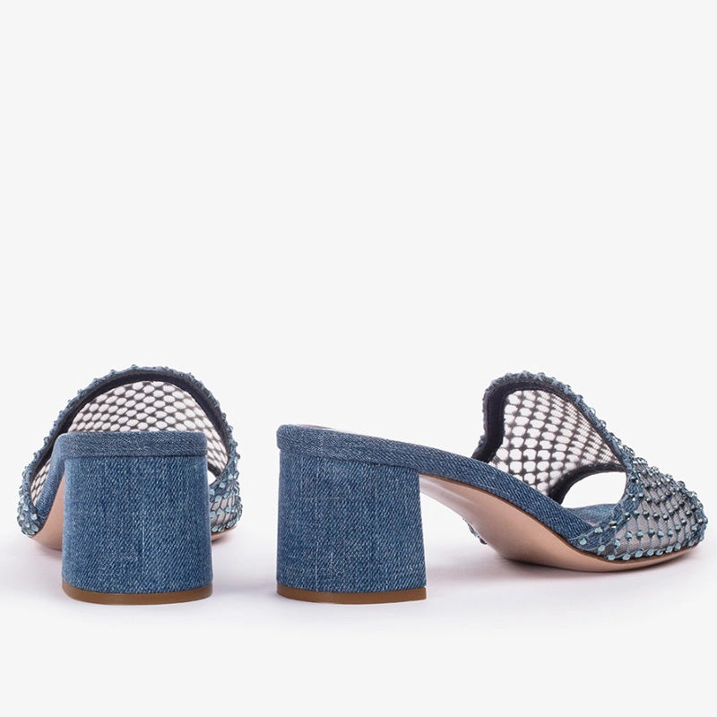 High Quality Women's Crystal Fishnet Denim Mule Sandals Pointed Toe Slingbacks Rubber Casual Block Heel Slides Customizable