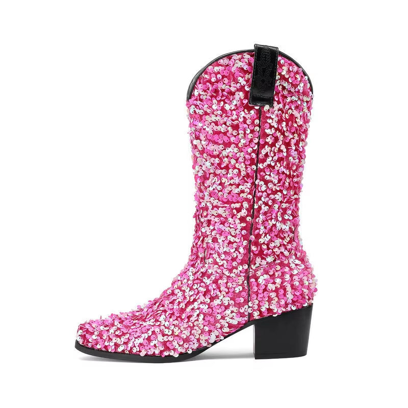 2025 High Heel Midcalf Red Sequin Boots Sexy Party Wear for Ladies OEM ODM Steel Toe for Winter and Summer
