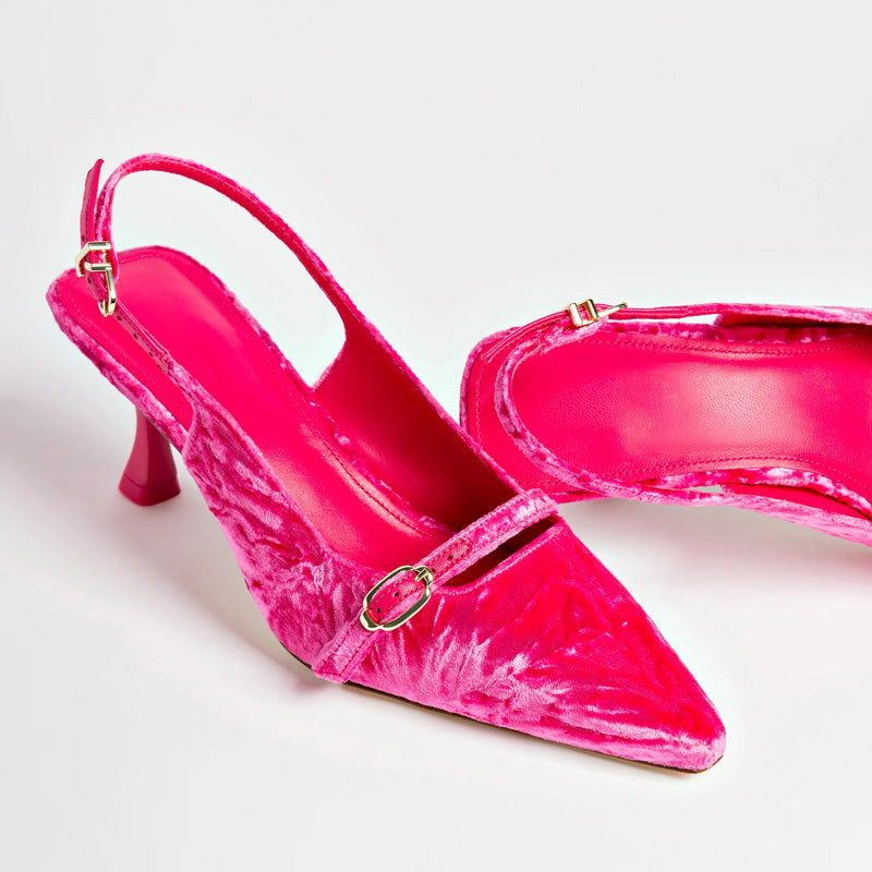 Women's Designer Pink Velvet Heels Pumps Custom Soft Genuine Leather Low Heel Dress Shoes with Light Feature D'orsay Style