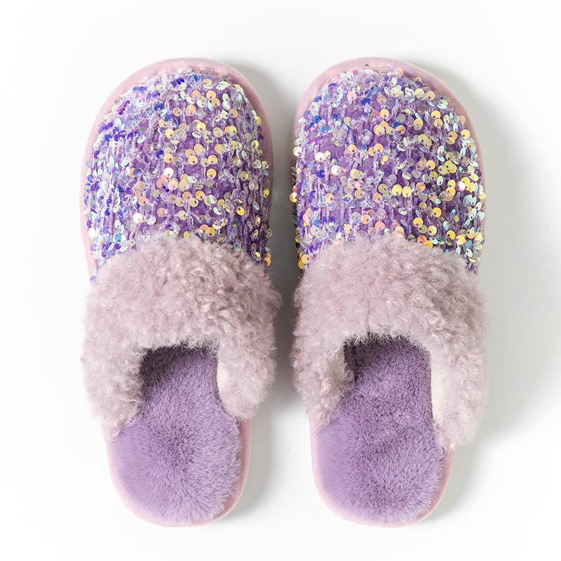 2025 Factory Design Ladies' Sequin Fashion Plush Slippers Winter Warm Indoor Cotton Slippers Women Evergreen Fabric